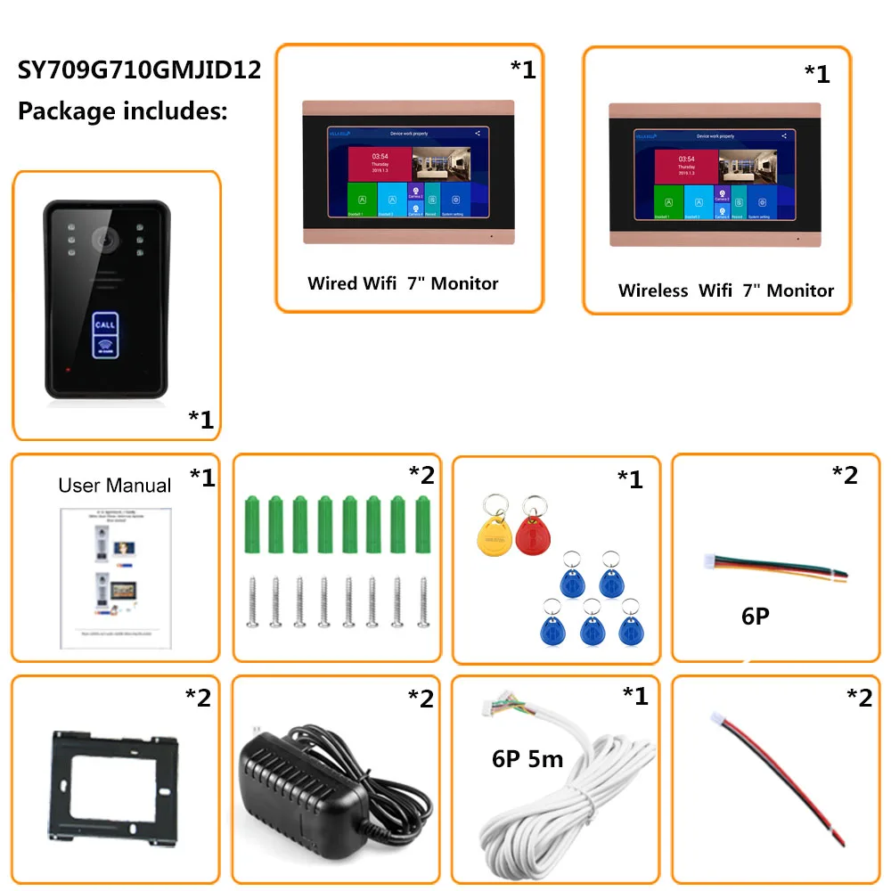 7 дюймовые часы с записью времени беспроводной Wifi RFID видео телефон двери дверной звонок Домофон Система с IR-CUT 1080P Проводная камера ночного видения