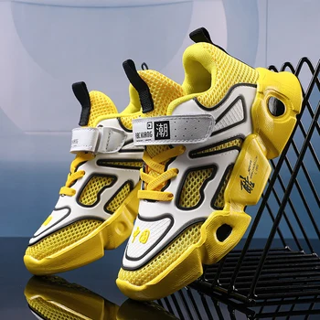 

New Boy Children Running Sneakers Yellow Red Kids Gym Shoes for Boy Mesh Breathable Boys Jogging Shoes Soft Sole Kids Sneakers