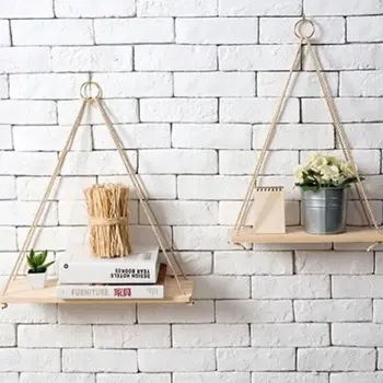 

1pc Solid white Wood Hanging Rope Swing Vintage Floating Shelves Natural Twisted Cotton Rope Storage Rack Home Wall Boho