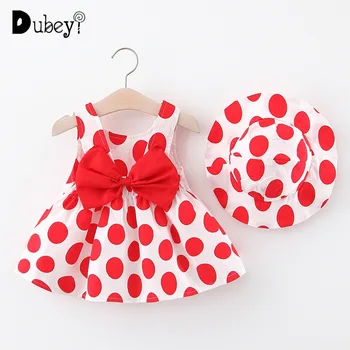 

Summer Dots Bow-knot Dress Infant Toddler Girl Printed Dot Sleeveless Vest Dress with Hat Cotton Princess SundressDress