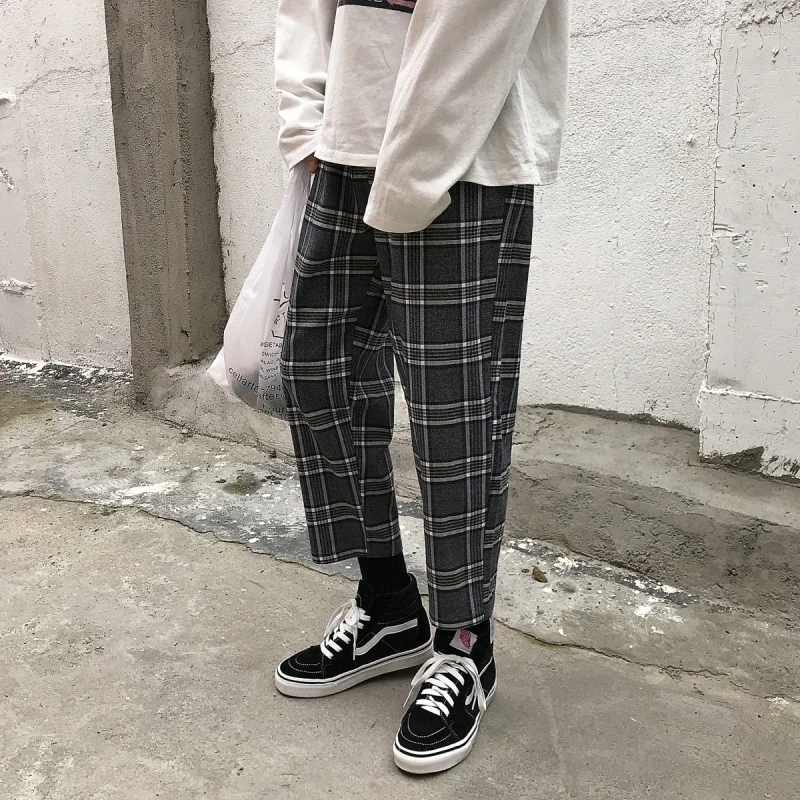 Cotton Plaid Pants Men s Fashion Casual Retro Straight Trousers Mens Streetwear Wild Loose Hip Hop 4