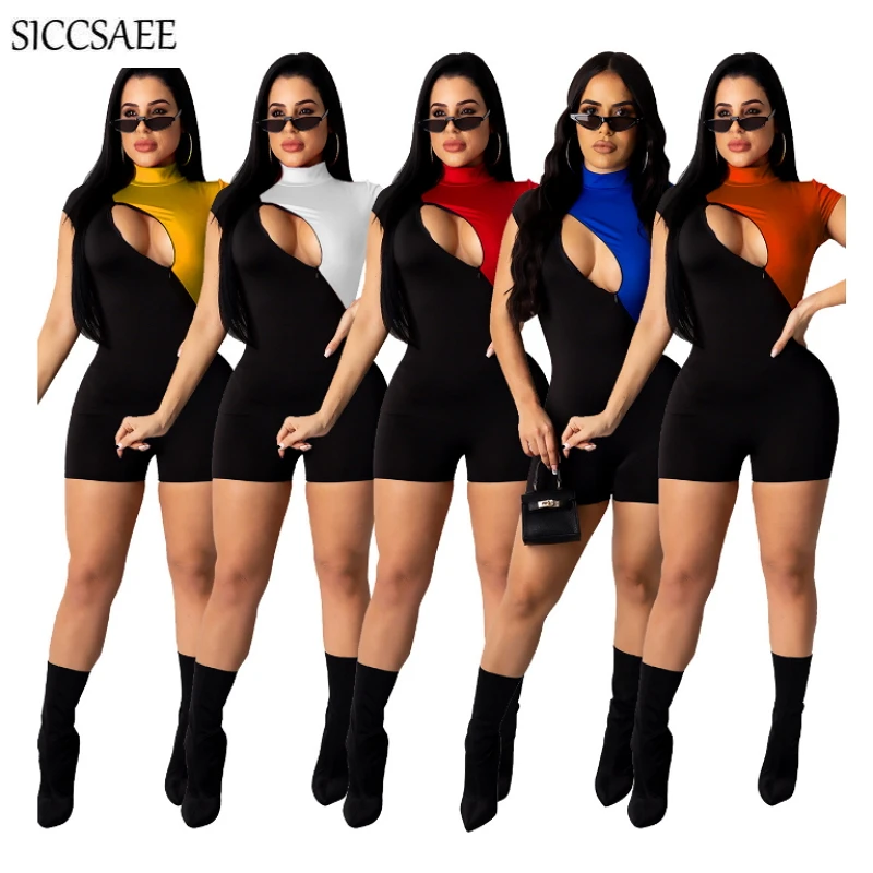 

Contrast Color Patchwork Bandage Playsuits Turtleneck Hole Cut Out Zipper Bodycon Bodysuit Sexy One Piece Jumpsuits Shorts 2020