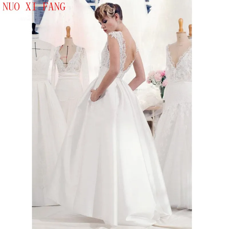Boho Vestido De Noiva Cheap White Wedding Dress 2020 V Neck Lace Applique Bridal Gown Backless Satin Princess Wedding Gowns
