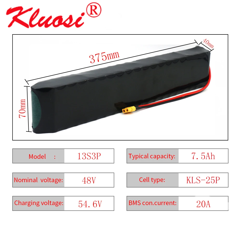 KLUOSI 48V 7.5Ah 8Ah 13S3P 250W~750W 54.6V Rechargeable Lithium Battery Pack Built-in 20A Common Port BMS Scooter Ebike Motor |