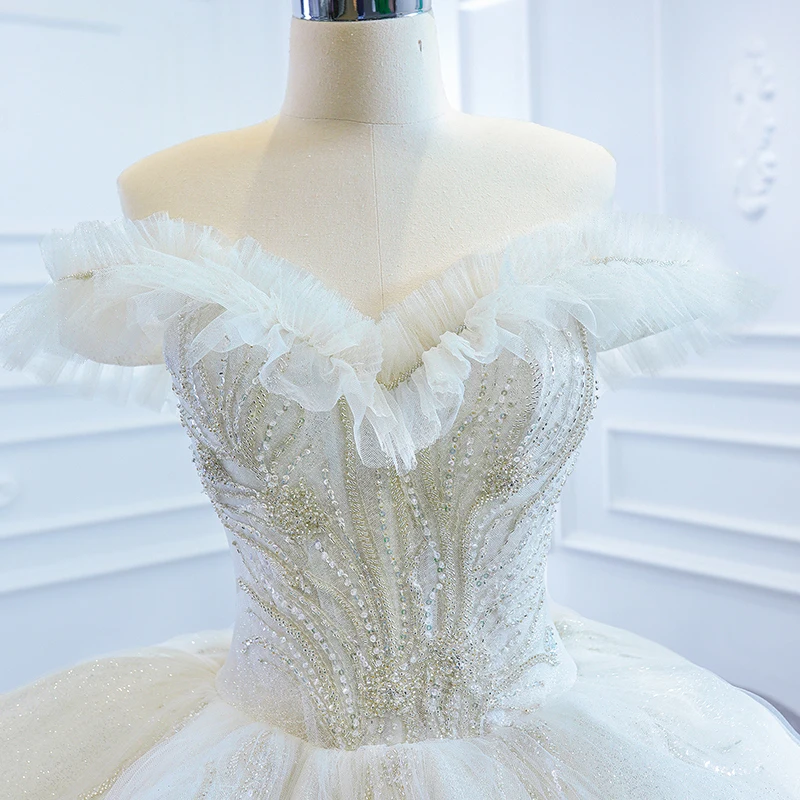 J67185 JANCEMBER White Wedding Dresses 2021 Sweetheart Ruffled Beaded Sequined Short Sleeves Ball Gowns 5