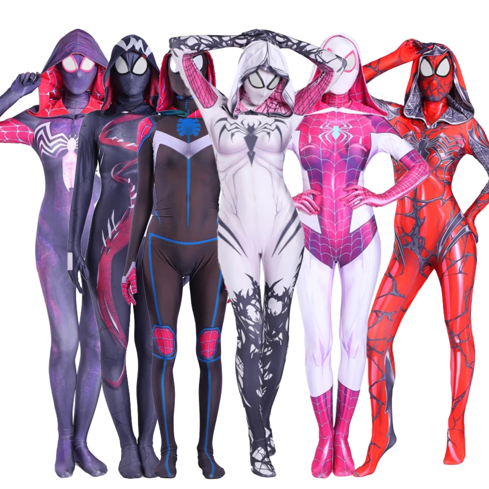 2020 The Amazing Spider Hero Cosplay Gwen Stacy Costume Spandex Zentai Mask Hoodie Spider Zentai Suit Anti-Gwenom for Women Girl