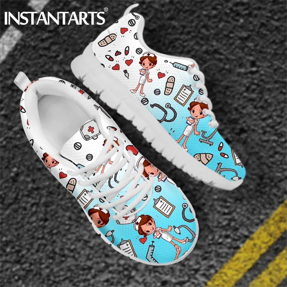 

INSTANTARTS 2020 Cute Cartoon Nurse/Doctor Print Nursing Mesh Sneakers Flat for Womens Shoes Light Lace Up Footwear Mujer Pisos