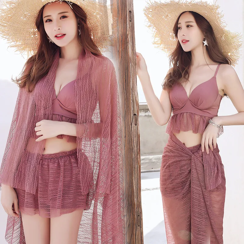 

Europe And America Three-piece Set Sexy Chest Emphasizing Large Underwire Hot Springs Bathing Suit Women's Flat Chest Small Bust