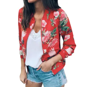 

Autumn Fashion Women Floral Print Bomber Jacket Zipper Long Sleeve Coat Outwear