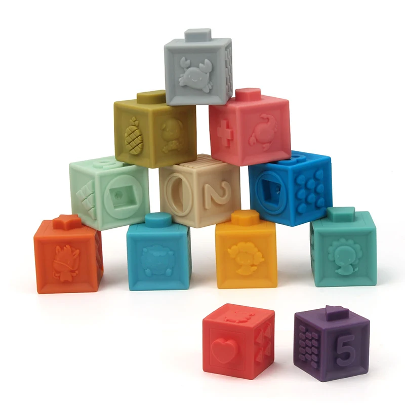 3D сенсорные кубики Juguetes, рельефные кубики с ручными шариками, Детские Прорезыватели, большие мягкие силиконовые резиновые строительные блоки, игрушки для детей - Цвет: 12pcs soft blocks