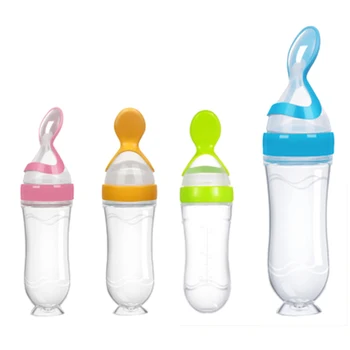

Baby Squeezing Feeding Spoon with Dust Cover Scale ​​Silicone Suction Cup Leak-proof Design Bottle Infant Cereal Food Spoon