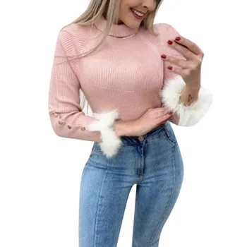 

Women Sweater Autumn Winter Turtleneck Pullovers Primer Female Shirt Plush Long Sleeve Button Slim Soft Sweaters