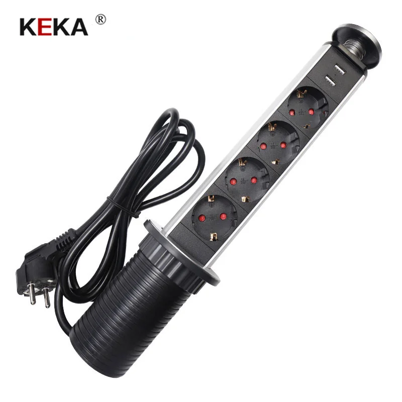 

KEKA EU Plug socket 4 power sockets Kitchen Table Electrical Socket Power 1 Led+2 charge USB Aluminum Shelf Worktop EU Plug