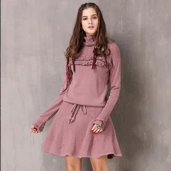 

Women Dress 2019 Winter New Boho Cotton Wool Vestidos Turtleneck Ruffles String Waist A-line Girl Dresses A82075 Female Clothing
