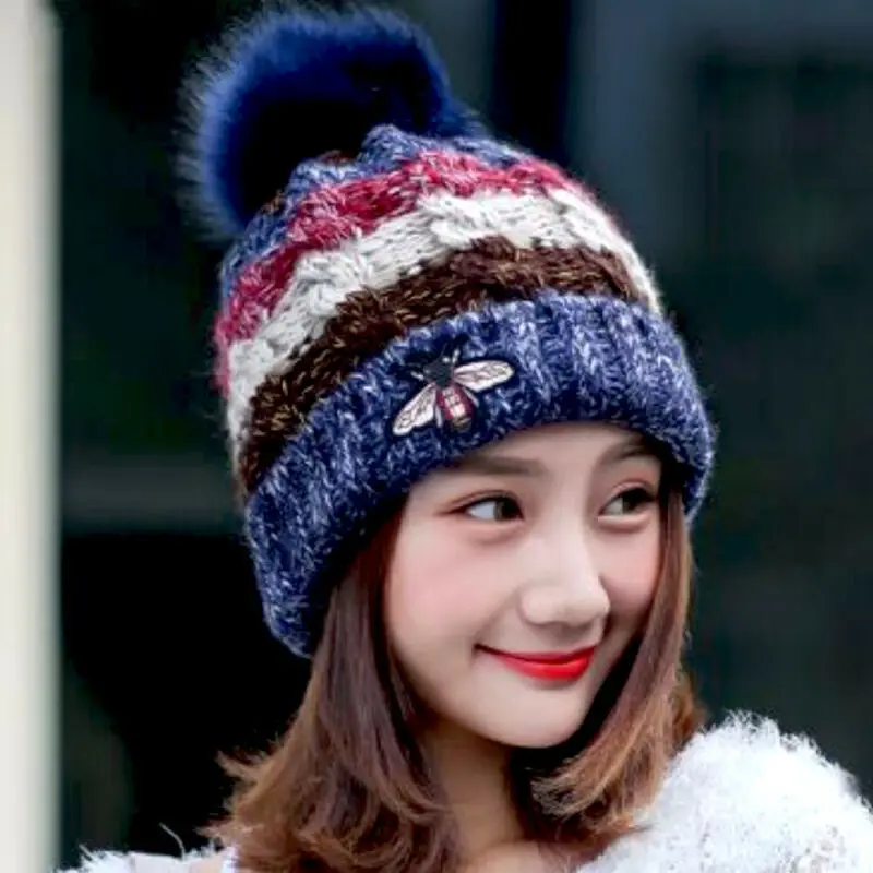 

Winter Knitted Crochet Cap for women Fashion Bee Pattern Striped Hat Lady Casual Beanie