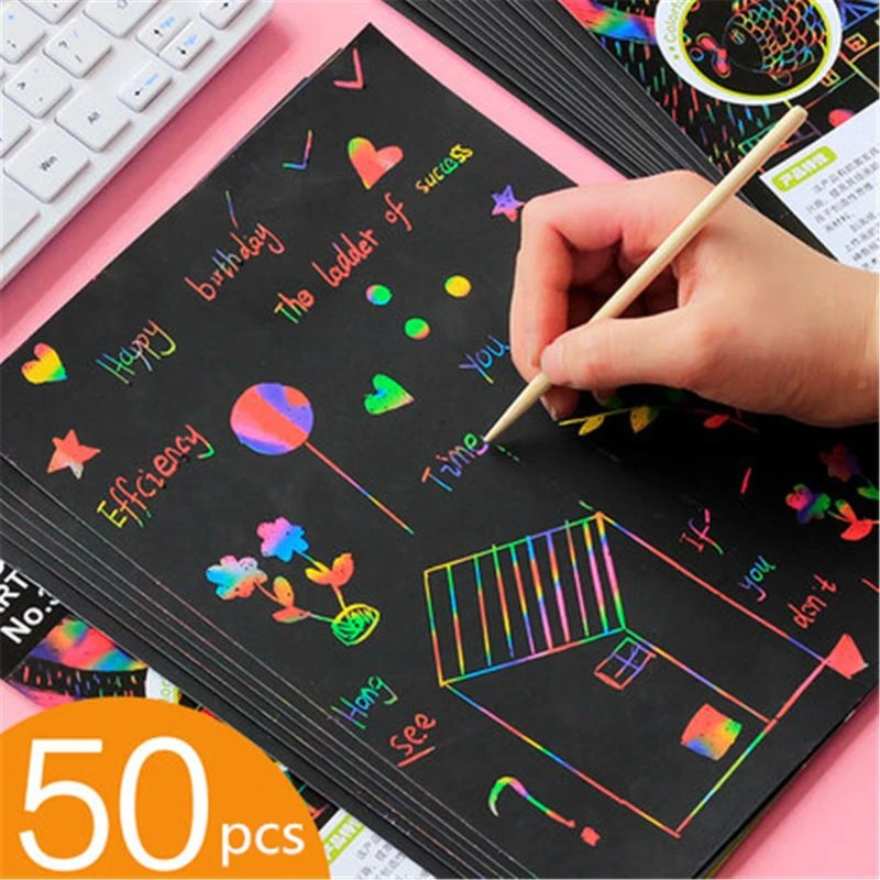 Scratch Art Set, Piece Rainbow Magic Scratch Paper For Kids Scratch Off Art Notes Boards 5 Wooden Stylus Chris - Drawing Toys - AliExpress