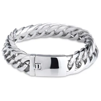 

Huge Bracelet Chain 316L Stainless Steel Silver Color Smooth Button Double Cuban Curb Link Chain Men's Boy's Bracelet Bangle