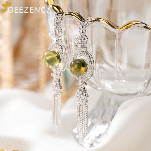 $US $49.63 Blue Amber S925 Silver Zircons Dangle Tassels Stud Earrings For Women Fine Jewelry Elegant Luxurious Trendy Earring Party Gift