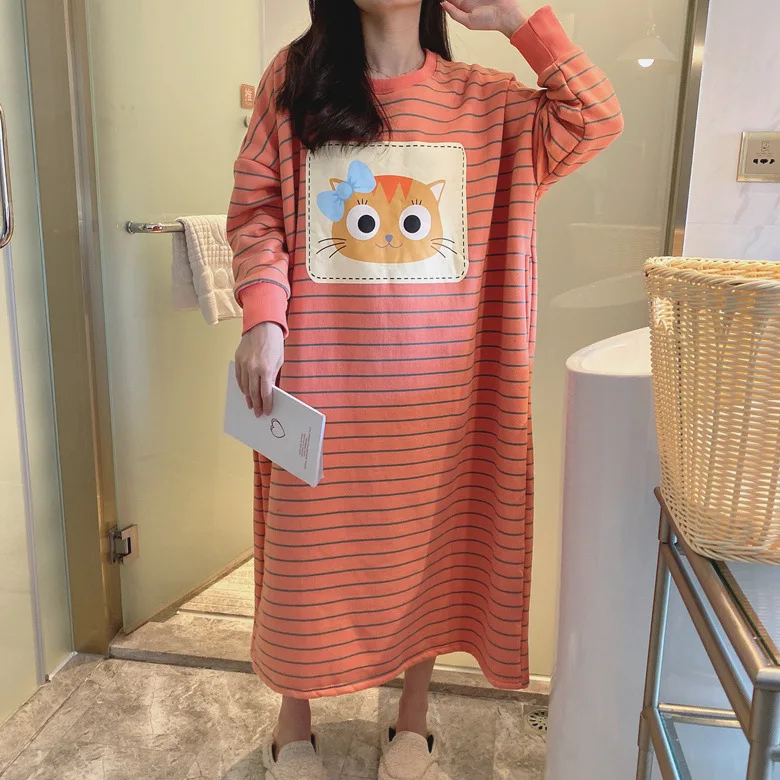 

Plus Velvet Nightgown Deep Orange Frame Cat M-XXL Dual Pocket 220 Grams Home-feeding Original