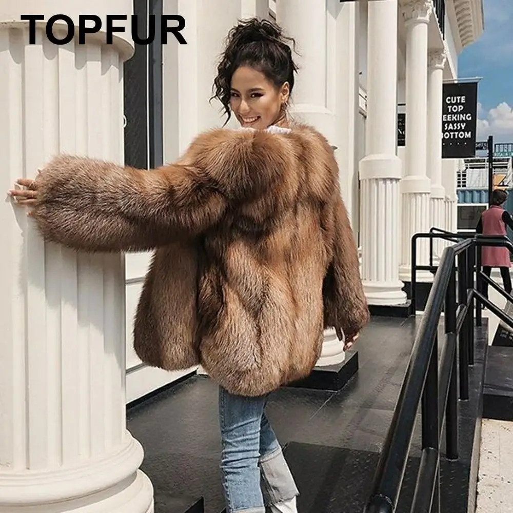 TOPFUR, модное зимнее свободное короткое пальто, пальто из натурального меха для женщин, пальто из красного лисьего меха, стандартные пальто с круглым вырезом, одежда с рукавами средней длины