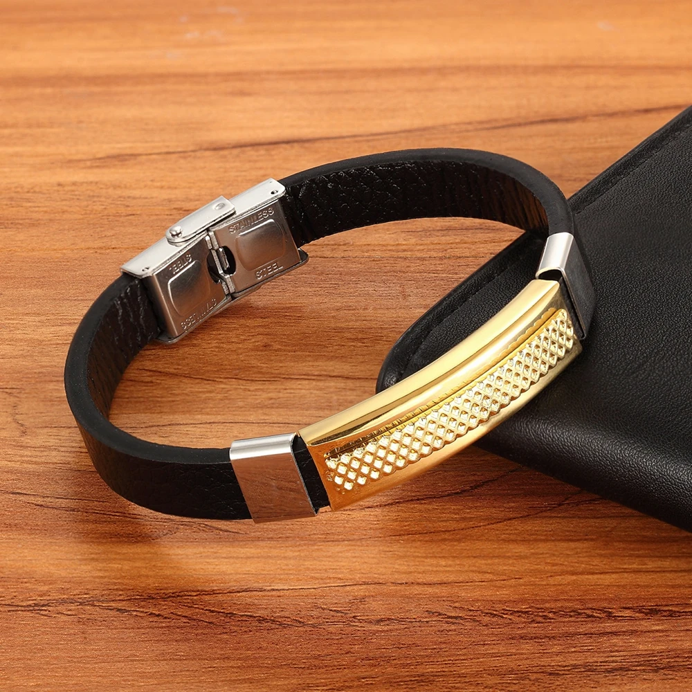 High Quality Rectangular Stainless Steel Multi-color Accessories Combination Men’s Leather Bracelet For Handsome Boys Present