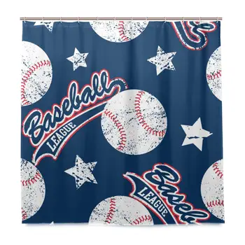 

Unique Shower Curtain Baseballs Stars Eco-Friendly with 12 Hooks in Bathroom W72 xH79