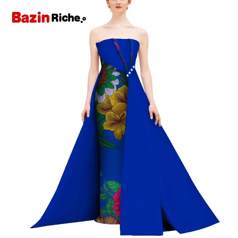 Африканский принт длинное платье с русалочкой для Для женщин Bazin Rich от плеча до пола-Длина платья африканский дизайн Костюмы WY5111