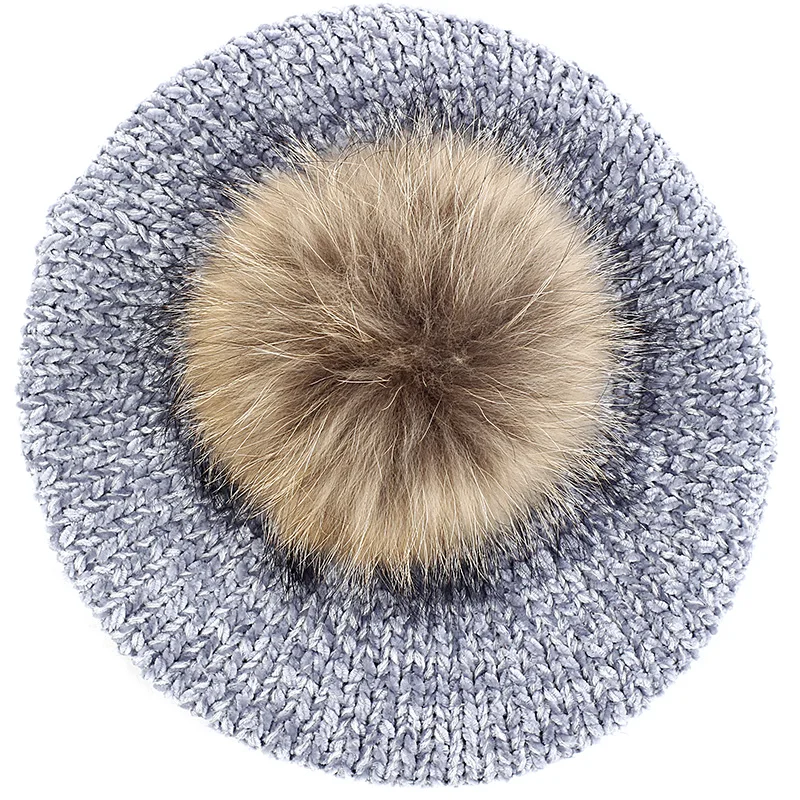 light gray A New Fashion Women Winter Chenille Material Berets Beanies With 15 cm Raccoon fur ball pompom Lady warm Knitted Skull Hat - Color: light gray A