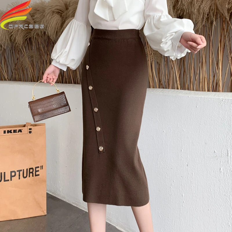 Faldas largas tejidas con botones para mujer, faldas largas ajustadas de cintura con abertura trasera, novedad de otoño 2020 - Ropa de mujer