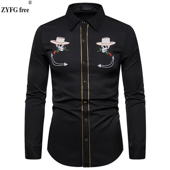 

New spring men casual long sleeve shirts fashion embroidery pattern shirts mens Hemming design turn-down collar shirt plus size