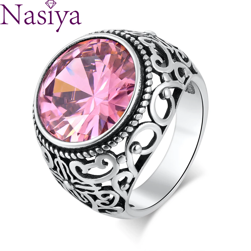 

Big Vintage Silver Pink Stone Ring Engagement Ring for Women Wedding Bands Fashion Jewelry Valentine's Day Gift