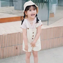 Летний Стиль, повседневный комбинезон для девочек, Корейская Стильная однотонная Подвеска для детей, модные шорты