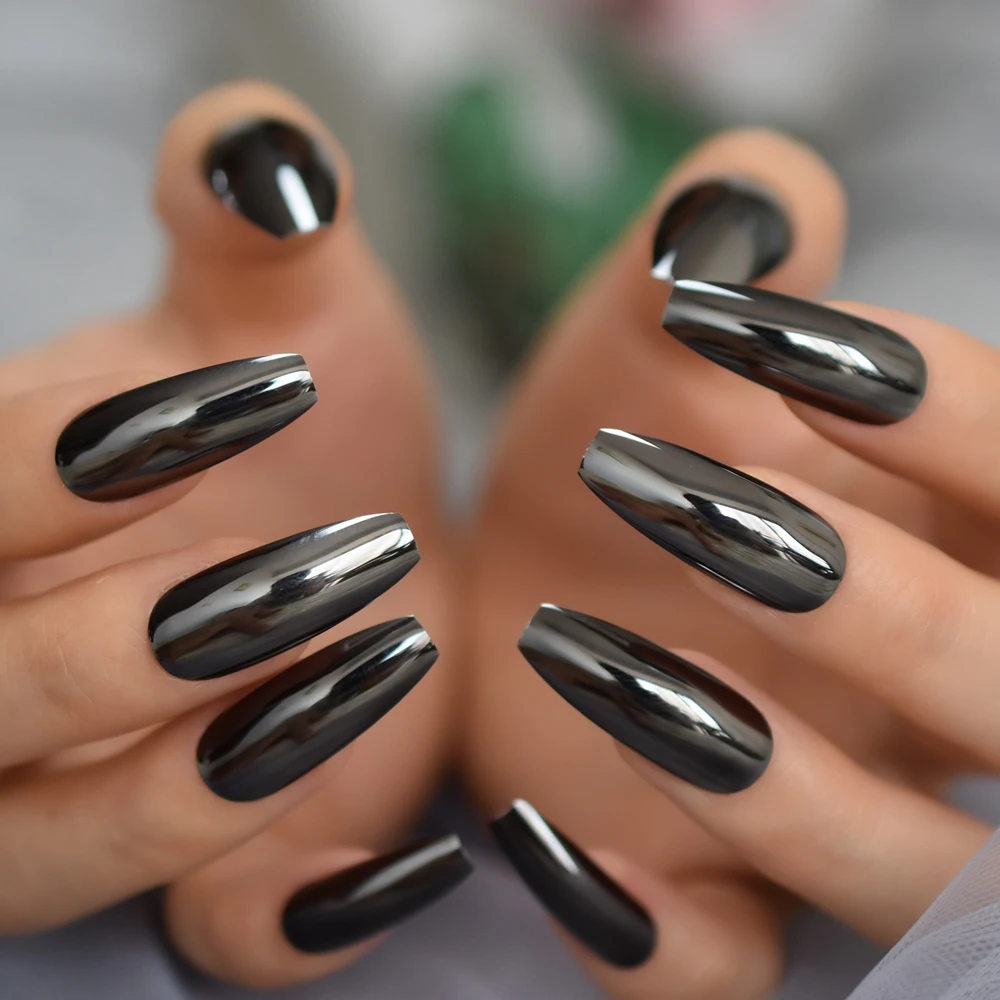 Reflective Mirror Punk Design Silver Gray Metal Plating False Acrylic Nail Tips Metallic Ballerina Coffin Fake Nails False Nails Aliexpress
