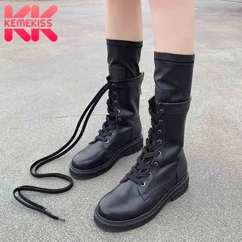 

KemeKiss Fashion Splicing Mid Calf Boots Zipper Cross Tied Flats Leisure Shoes Solid Color Black Boots Women Shoes Size 35-39