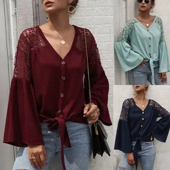 

2019 Autumn Women Button Up Bow Long Flared Sleeve V Neck Cardigan Loose Hollow Crochet Floral Knitted Sweater Knitwear