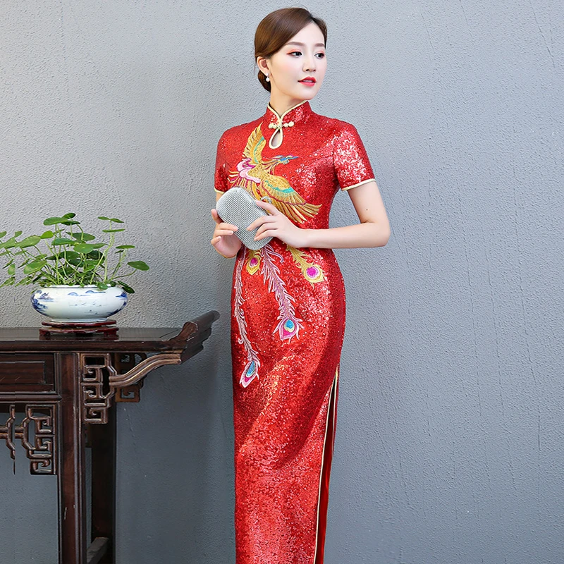 Сексуальное Тонкое платье Cheongsam с блестками в винтажном китайском стиле, женское длинное платье Qipao, вечерние платья в стиле ретро Vestidos размера плюс 4XL 5XL