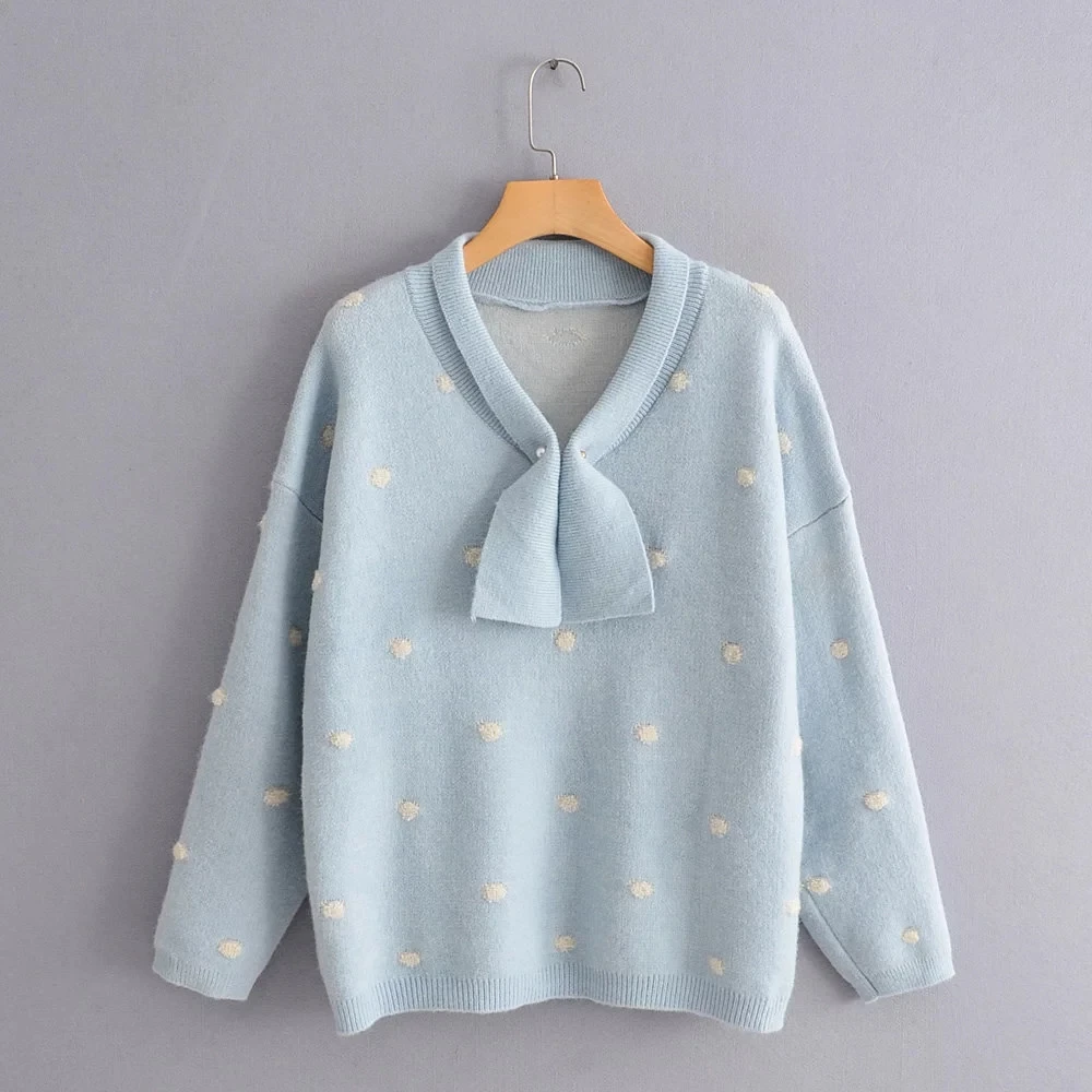 H.SA Women Winter Sweaters Long SLeeve Crew Neck Pink Pullover and Sweater Polka Dots Bow Sweaters Kawaii Knitwear Tops - Цвет: HF19172 Blue