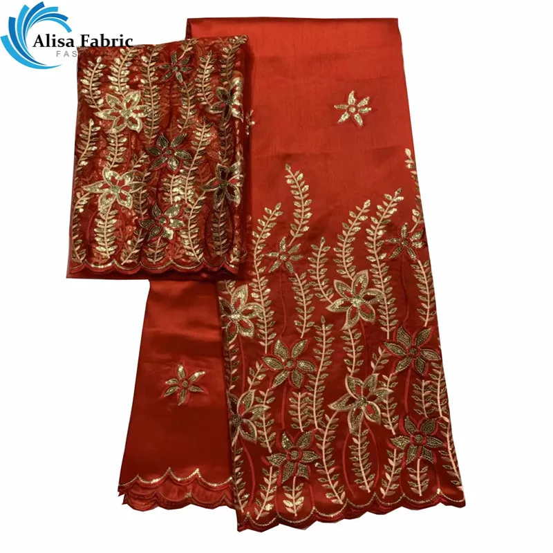 

Alisa 2019 Red Color Design Indian Silk Lace Fabrics 5 yards matching 2 yards Tulle Lace Fabrics With Sequins For Celebration