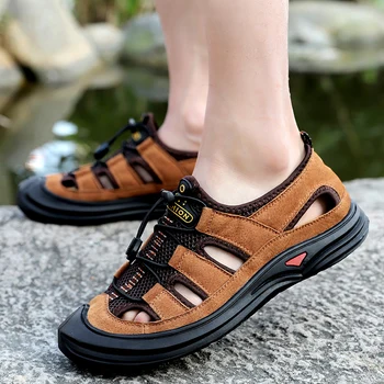 

plus size mens leisure outdoors beach sandals cow leather summer shoes platform sandal covers toe sandalen zapatos de hombre man