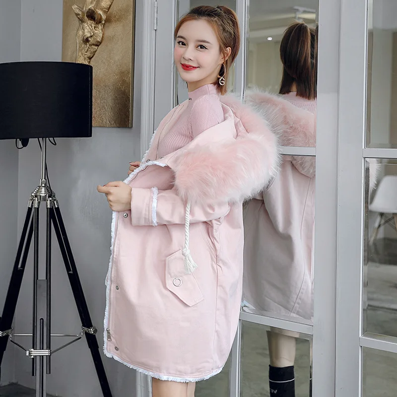 

Y9394 Pink Hooded Cotton Coat Women's Mid-length Brushed And Thick Cotton Overcoat