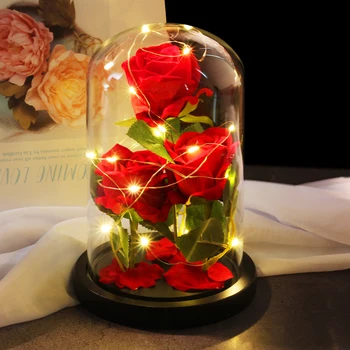 

3 Three Eternal Red Rose Flower In Dome Glass Wooden Base For Home Decorate Valentine's Day Gifts Christmas LED Rose Lamps