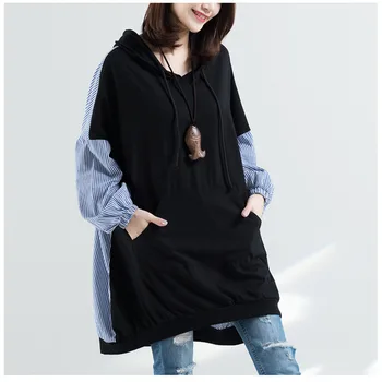 

Aulead 2019 New Autumn Hooded Collar Striped Patchwork Black Loose Long Pullvoers Women's Sweatshirt Females Clothing 50cs
