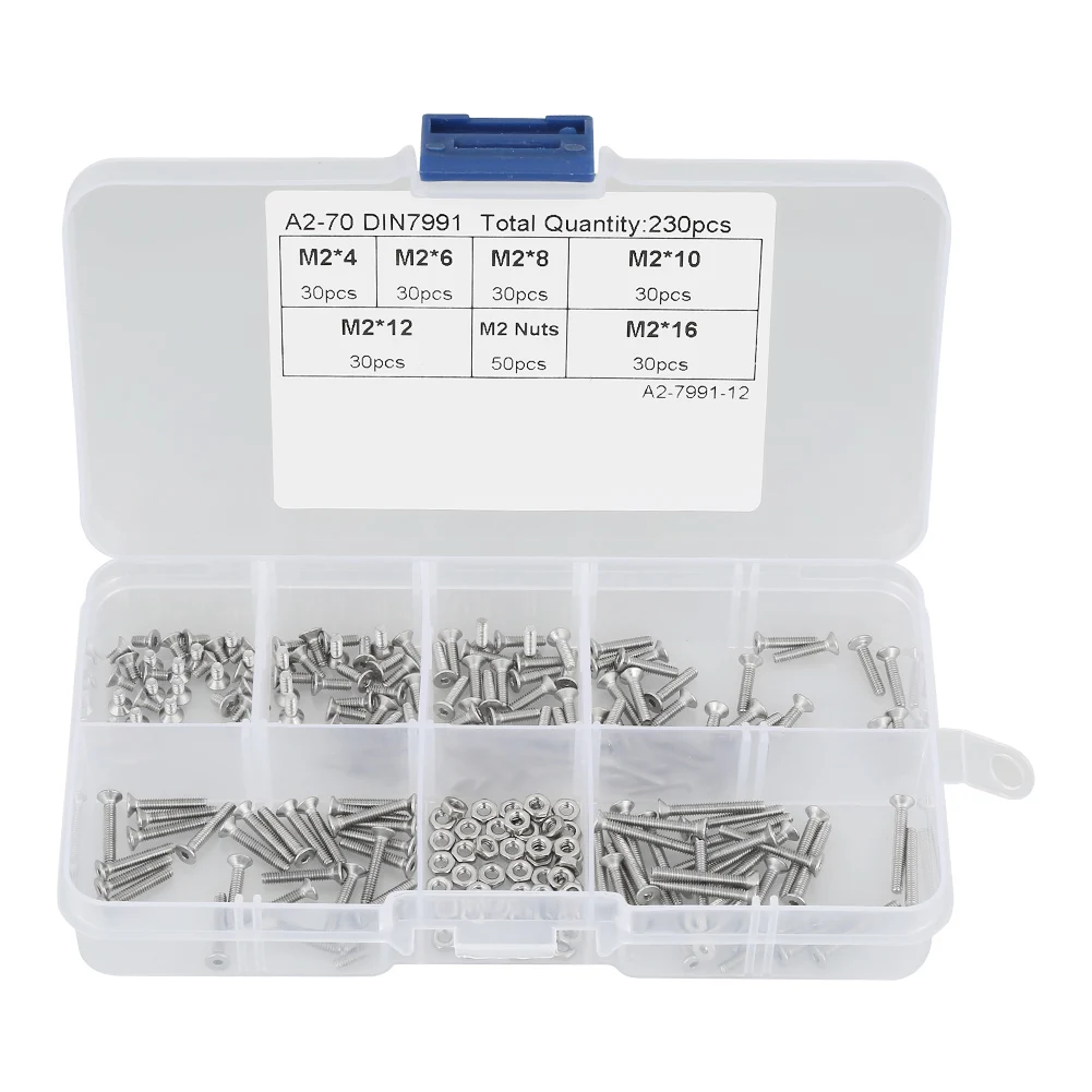 230pcs M2 304 Stainless Steel Flat Head Bolt Tapping Screws Nuts Assortment Kit Screw Bolts and Set with Box | Обустройство дома