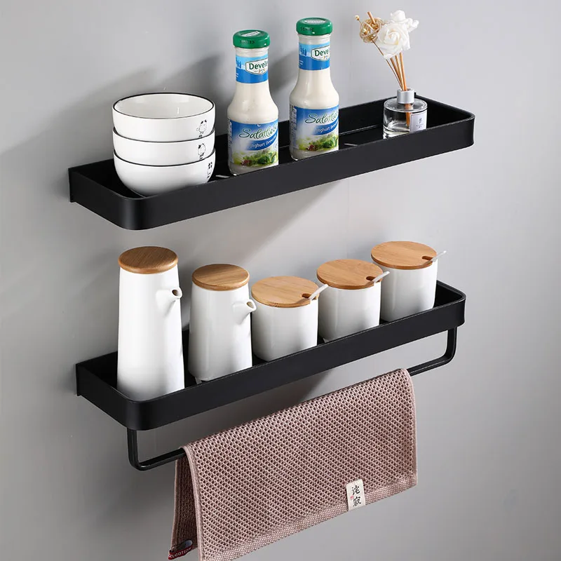 Bathroom Shelf Bath Shower Shelf With Bar Aluminum Black Bathroom Corner shelf Wall Mounted