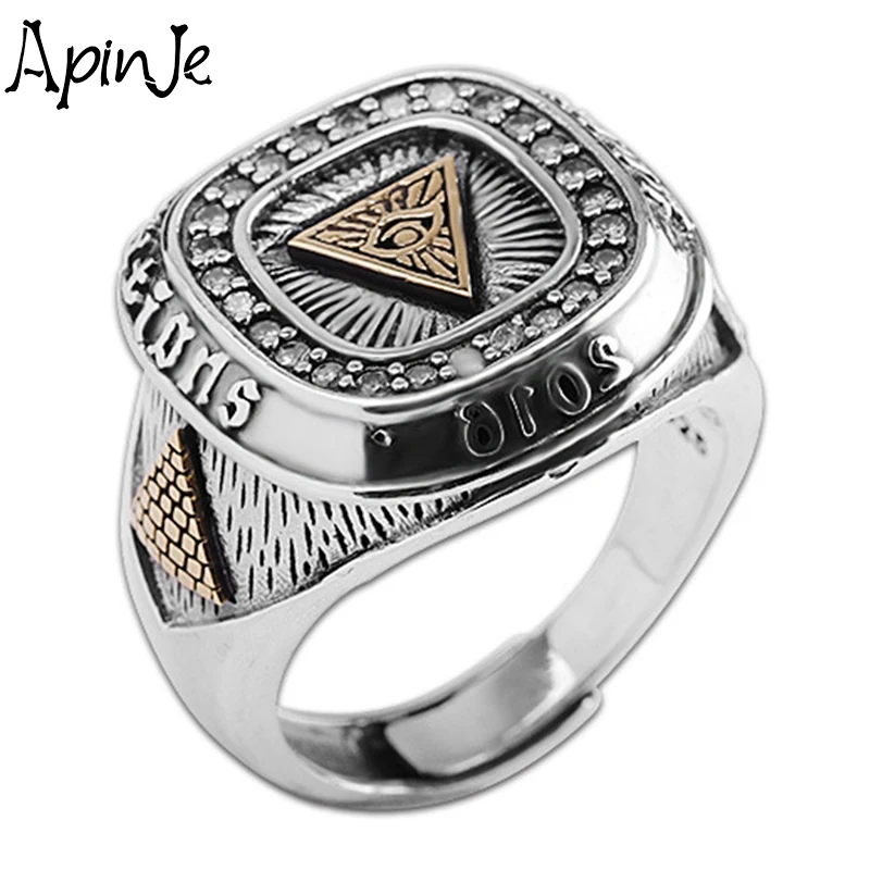 

Apinje Devil Eyes Masonic Ring for Men 925 Sterling Silver Mens Rings Triangle God Eye Totem Jewelry