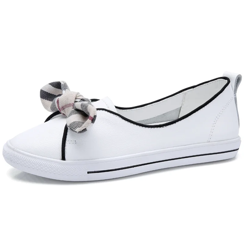 

2019 Spring New Style Women's Full-grain Leather White Shoes Women's Sweet Foot Covering Bow WOMEN'S Shoes WOMEN'S Casual Shoes