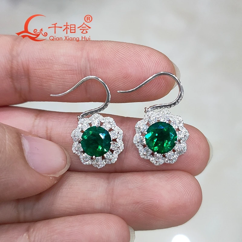 

S925 Silver flower earrings 7mm Lab Emerald stone with white Moissanite drop earring Jewelry For Women Engagement Party Gifts