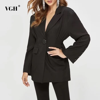 

VGH Korean Pure Color Women's Blazer Notched Long Sleeve Single Button Large Size Coats Female 2020 Autumn Fashion New Clothes