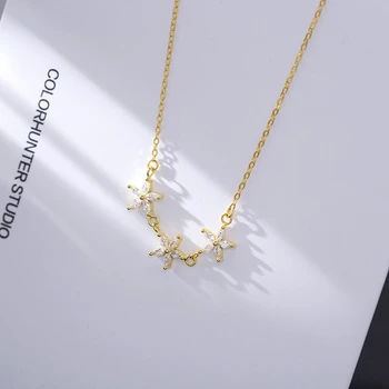 

SUNIANGON 3 Pentagram Pendant Necklace 925 Sterling Silver Gold Necklace Shining Zircon Star Necklace For Women Jewelry 925