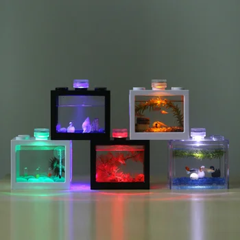 

Mini Fish Tanks Betta Fish Tank Aquarium Tank Building Block Fish Bowl Office Table Decoration Home Decor LED Light Feeding Box